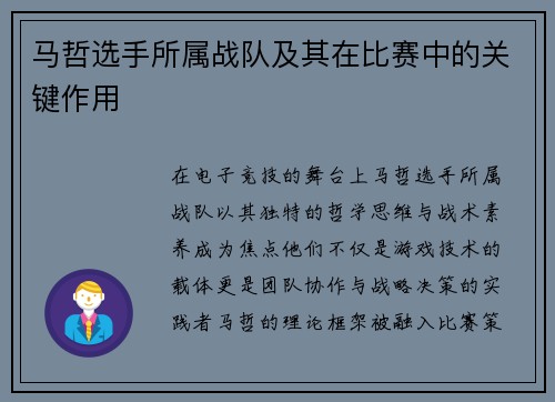 马哲选手所属战队及其在比赛中的关键作用