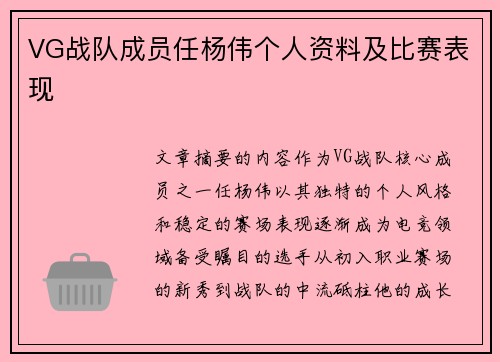 VG战队成员任杨伟个人资料及比赛表现