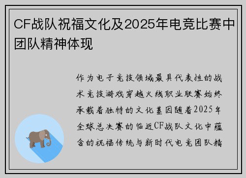 CF战队祝福文化及2025年电竞比赛中团队精神体现