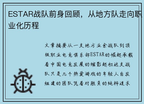 ESTAR战队前身回顾，从地方队走向职业化历程